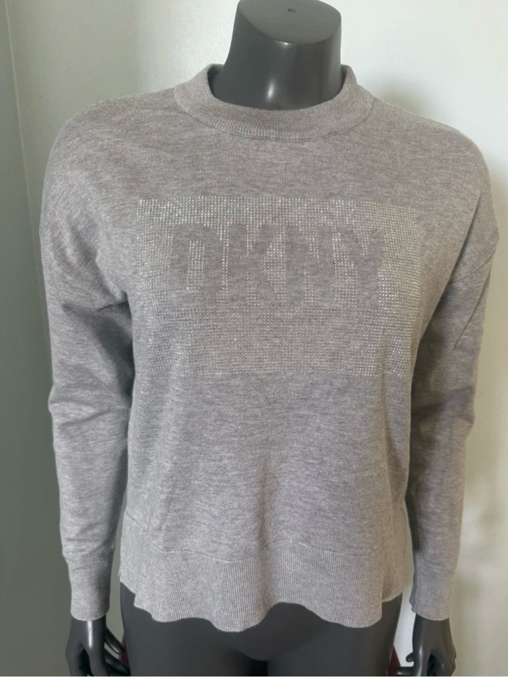 DKNY Wome’s Gray Crewneck Sweater with Subtle Crystal Logo